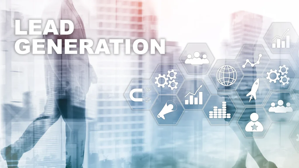 Lead generation concept with icons like magnet, growth, and audience, emphasizing digital marketing strategies for lead generation.