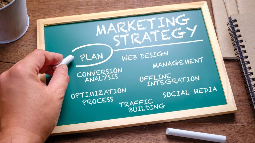 A marketing strategy blueprint with key elements such as conversion analysis, social media, and optimization for strategy building.