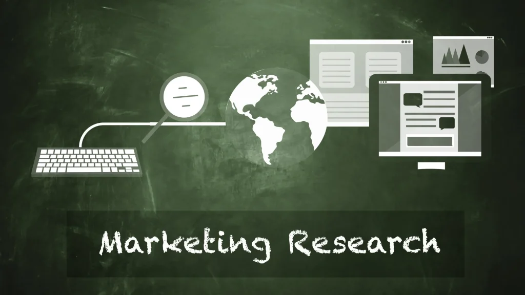 Conceptual illustration of market research in digital marketing, showing a computer, magnifying glass, and globe.