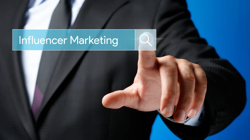 Businessman searching for influencer marketing strategies with a digital search interface, aimed at small businesses.