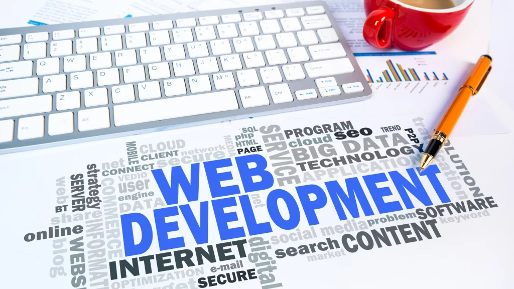 A close-up of a keyboard and pen on a table with web development-related words, focusing on Angular services.