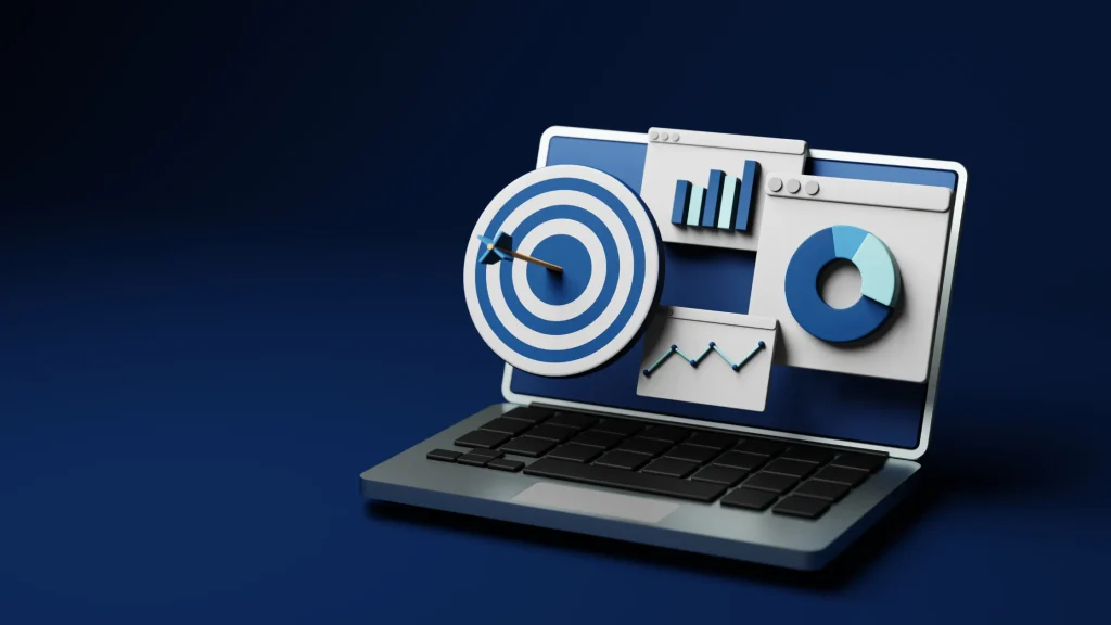 3D model of a laptop showing analytics, graphs, and a target symbol, representing digital marketing for SaaS companies.