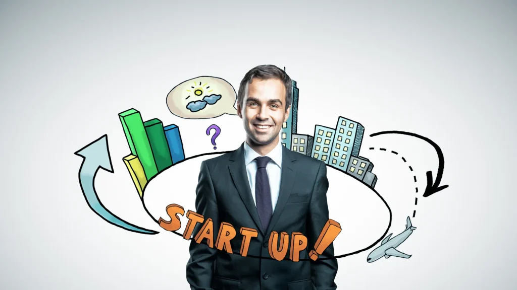 A businessman in a suit standing confidently, with a visual of graphs and buildings symbolizing startup growth.