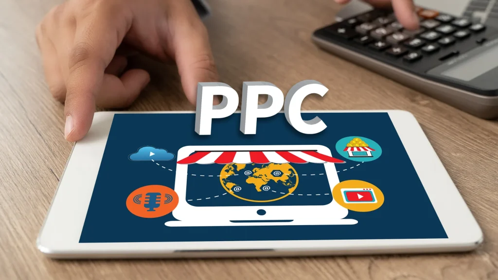 PPC strategy depicted on tablet with global reach and digital marketing