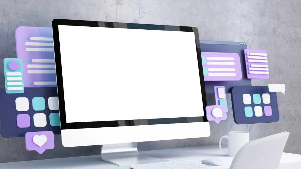 Backend development for websites displayed on a computer screen with essential icons and UI elements.