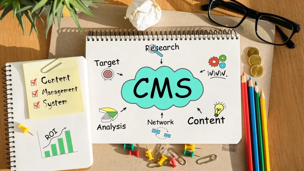 Custom CMS development UK visual with target, content, and analysis flowchart.