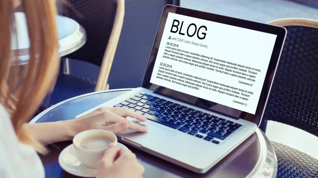 Blog page open on a laptop, illustrating SEO content writing services UK.